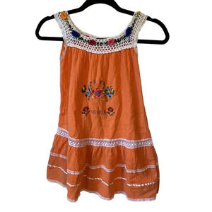 VTG Aruba Girl Sun Dress Sz 8 Orange Floral Embroidered Crochet Casual Beachy